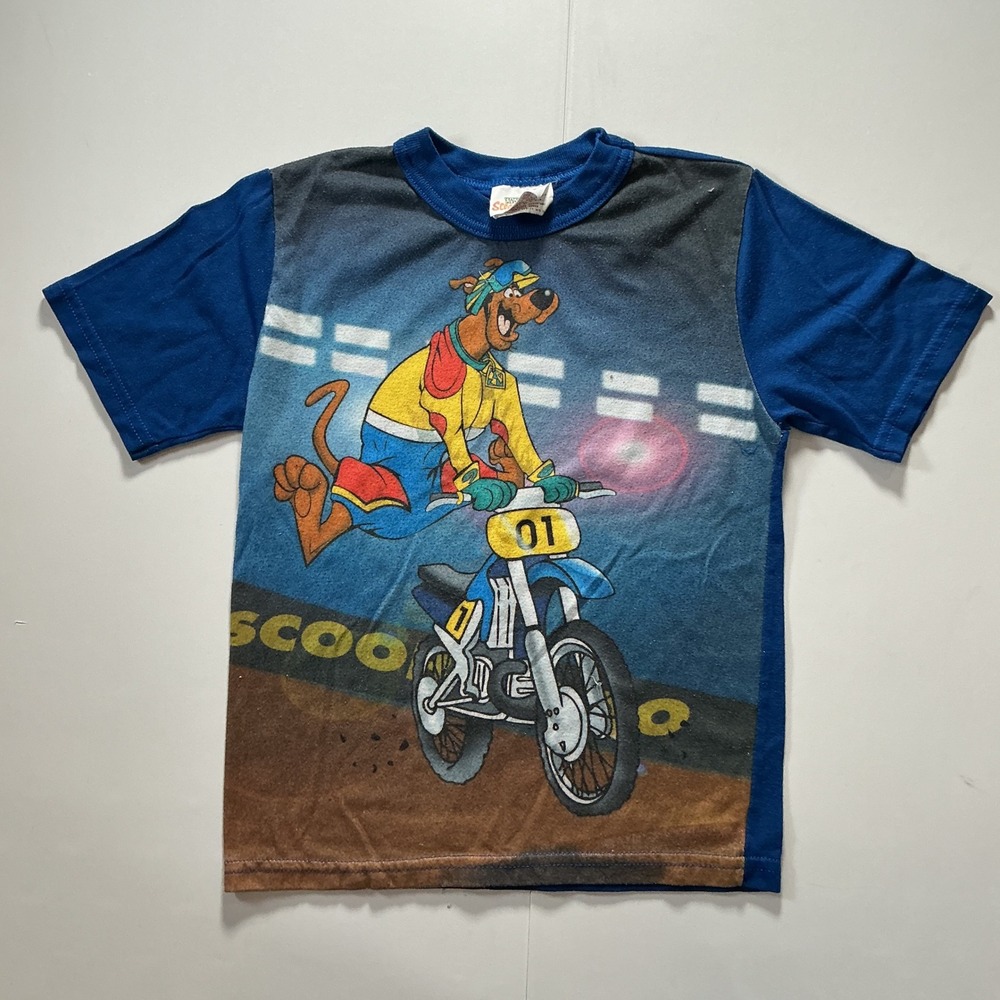 VTG Y2K Scooby Doo Dirt Bike Motocross Cartoon T-Shirt Kids L 8-10 ‎ Blue AOP